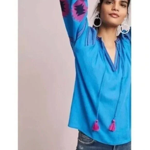 Anthro Maeve Blue & Pink Runaway Boho Southwestern Embroidered Peasant Top XS - Picture 3 of 16